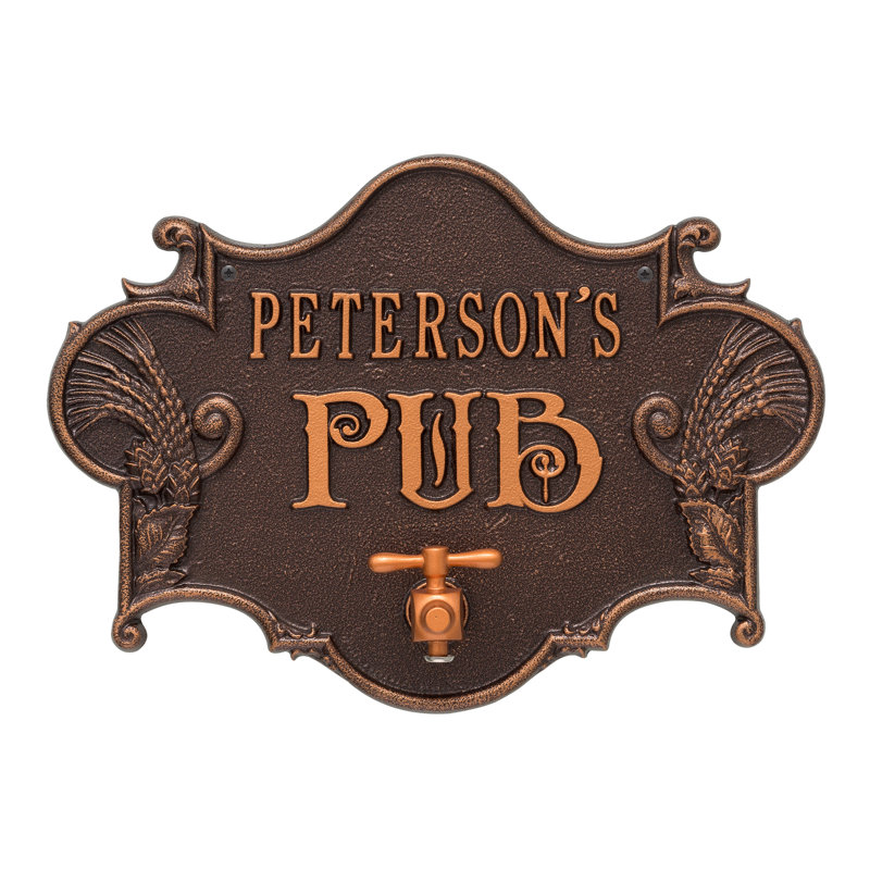 Hops and Barley Beer Pub 2-Line Wall Address Plaque, Antique Copper, Yes