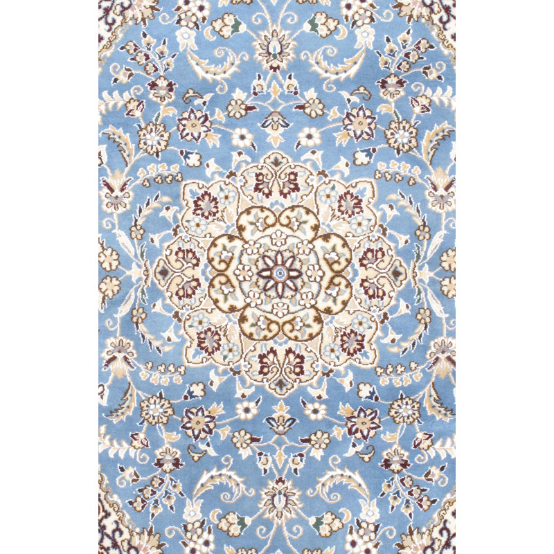Tapis bleu / gris en laine, soie et coton 2 pi 11 po x 4 pi 5 po Messai