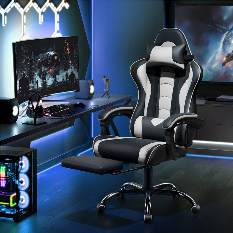 Fauteuil de jeu ergonomique avec coussin lombaire de massage, Noir / blanc