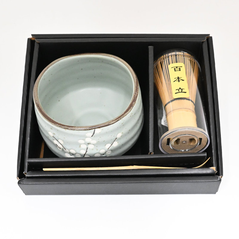 Ensemble de fouets et cuillères à thé en céramique japonais matcha et prune, Prune, bleu