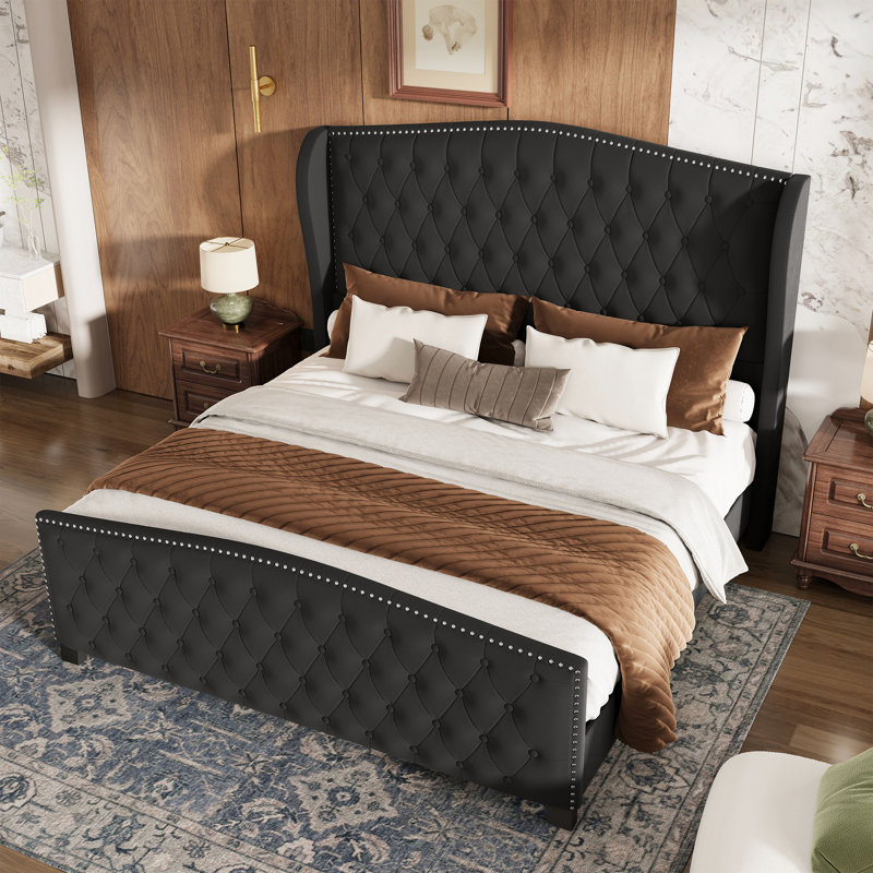 King Size Platform Bed With Upholstered Headboard & Footboard, Black, Black, King