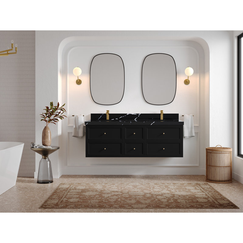 Meuble-lavabo double flottant 60 po avec dessus Roswell, Noir Calacatta