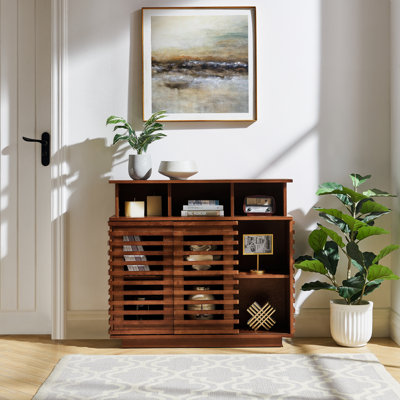 36.1" Sideboard Buffet Cabinet with Storage, Farmhouse Lattice Sideboard with Sliding Doors & Adjustable Shelf, TV Media Console, Storage Cabinet for Kitchen Living Room Entryway Hallway, Walnut