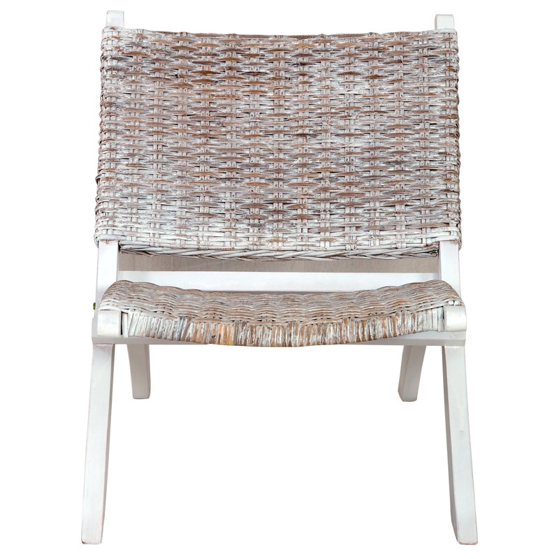 Relaxing Chair Accent Chair Natural Kubu Rattan and Solid Wood Mahogany, White