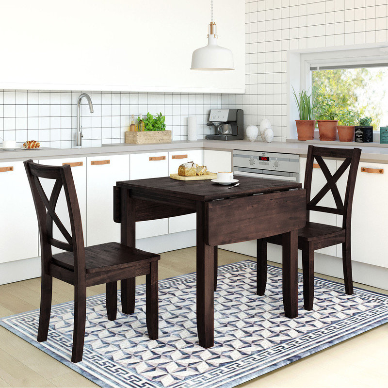 Espresso Solid Wood Drop Leaf Dining Table Set with X-Back Chairs