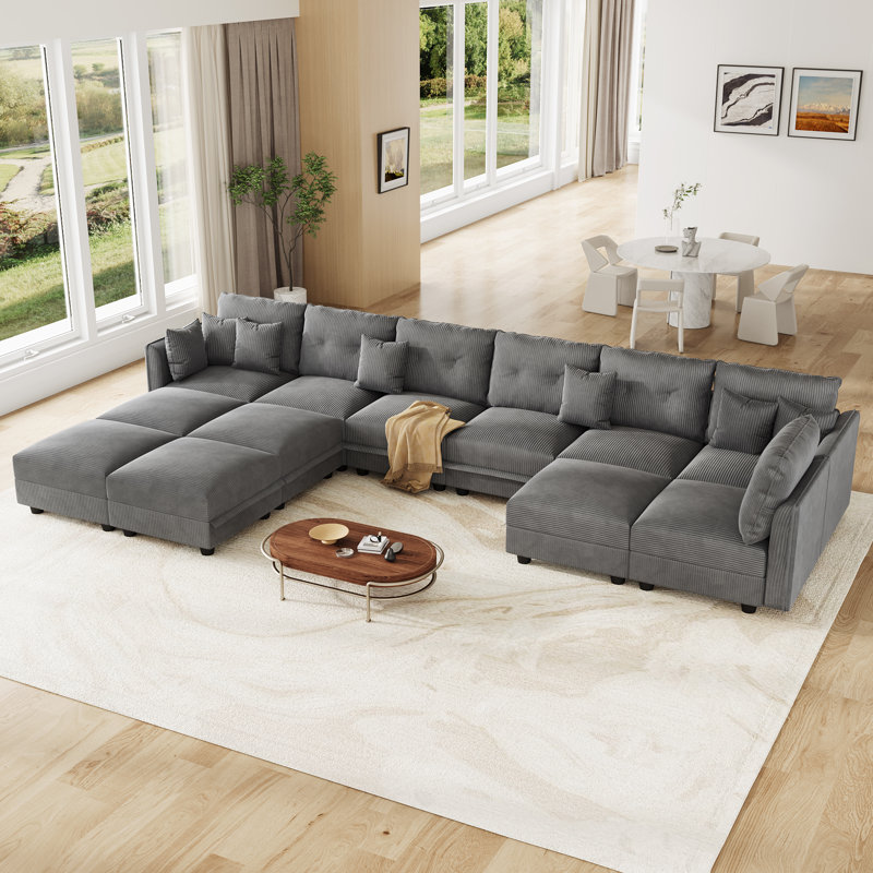 12 Seat Corduroy Convertible Modular Sectional Sofa With Storage, 7 Back Cushion 7 Throw Pillow, Gray Corduroy