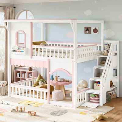House Bunk Bed with Bookcase, Storage Stairs and Guardrails