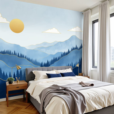 Modern Peel and Stick Wallpaper Blue Mountain Landscape Layered Pines Golden Sun Wall Murals 100"H x 144"W Removable PVC Wall Paper Self-Adhesive Wall Decor for Bedroom Living Room