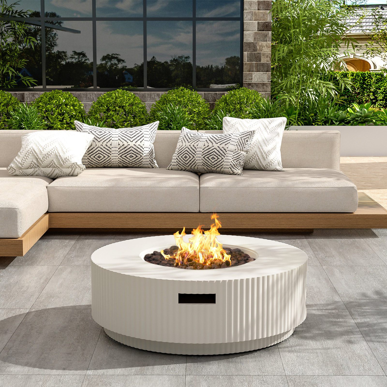 ROSCO Outdoor 40.000 BTU MGO Propane Fire Pit Table With Lid (Tank Holder Not Included), White