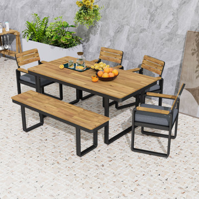 6-Piece Acacia Wood Outdoor Dining Set with Patio Garden Table, 4 Cushioned Chairs and Bench for 6-7