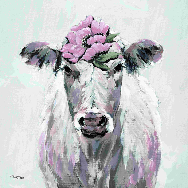 Jolie vache rose, H 36 po x l 36 po, Non, Papier avec cadre unique blanc