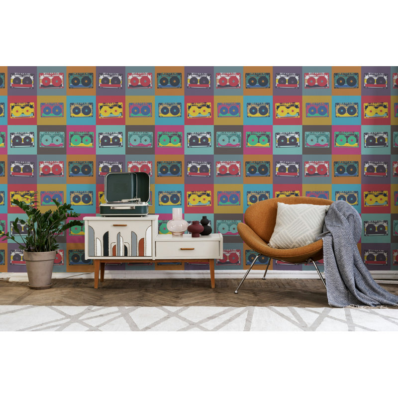Papier peint rétro avec cassettes Pop Art, L 37 po x l 56 po