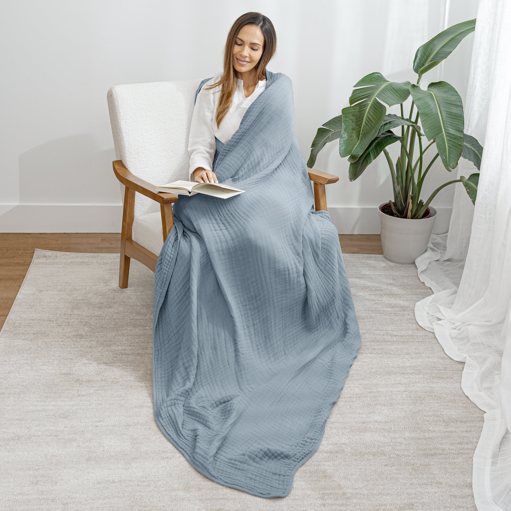 Karlina Muslin Blanket, Throw, Pacific Blue