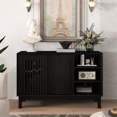 Black 47.3" Sideboard With Fluted Style, 2 Doors & Solid Wood Feet, Tv Media Console For Multiple Rooms, 3 Open And Hidden Storage, High - Quality Construction, Outlet Holes Charging Cabinet Doors,