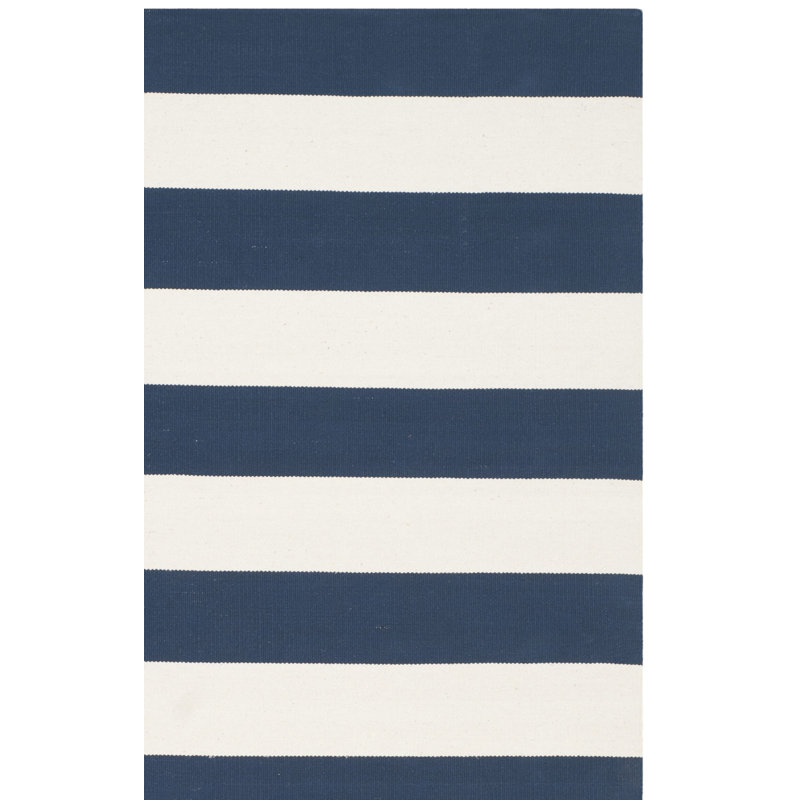 Tapis bleu marine / ivoire rayé tissé à plat à la main Brookvale, Rectangle de 5 pi x 8 pi