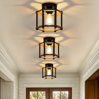 1 - Light Black Rustic Farmhouse Semi Flush Mount Ceiling Light With Hexagonal Cage For Entryway, Bedroom, Kitchen