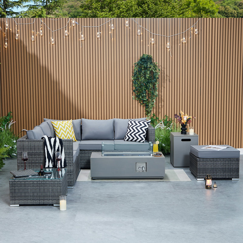 Vancouver Aluminium Frame 6 Seater Corner Sofa Set With Ice Bucket Coffee Table+rain Cover+footrest+fire Pit With Gas Bottle Storage