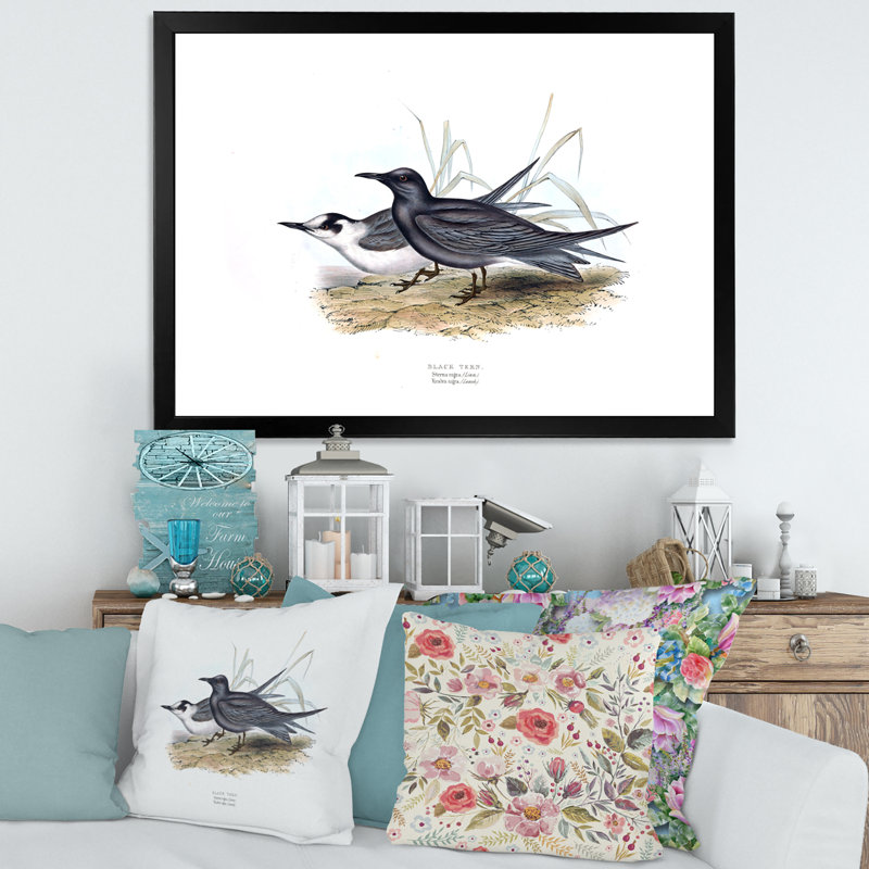 Oiseau rétro de l'Europe II - peinture sur toile, H 16 po x l 32 po x p 1 po, Cadre photo noir