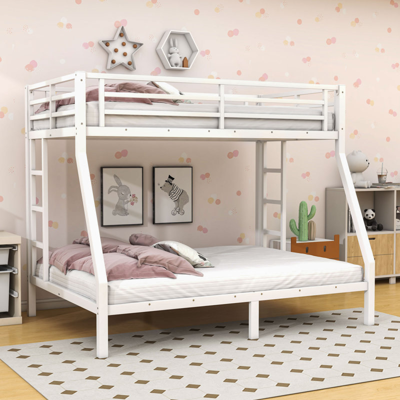 Metal Bunk Bed With Ladder And Guardrails, Twin Over Full, White