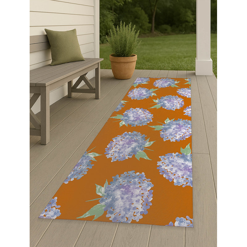 Hydrangea Love Decorative Outdoor Rug, Orange, Runner 2'6" x 8'