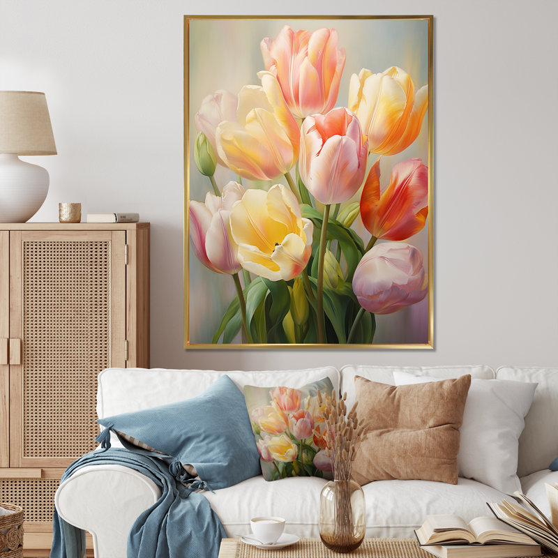 Tulipes, impression romantique - impression sur toile florale, Cadre flottant doré, H 44 po x l 34 po x P 1,5 po