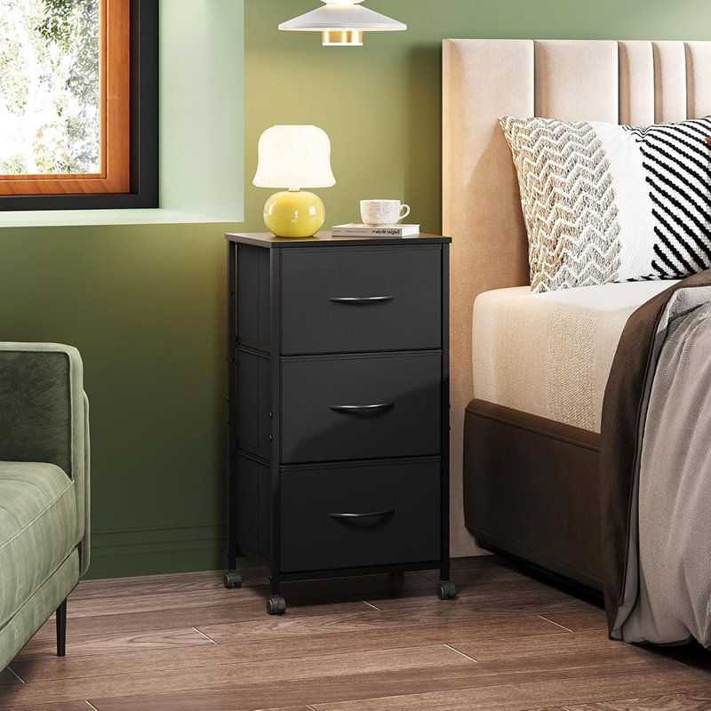 Commode avec 3 tiroirs, table de chevet en tissu, armoire avec roulettes, commode de rangement pour la chambre à coucher, bureau, garde-robe, commode noire avec structure en acier robuste, poignée facile à tirer