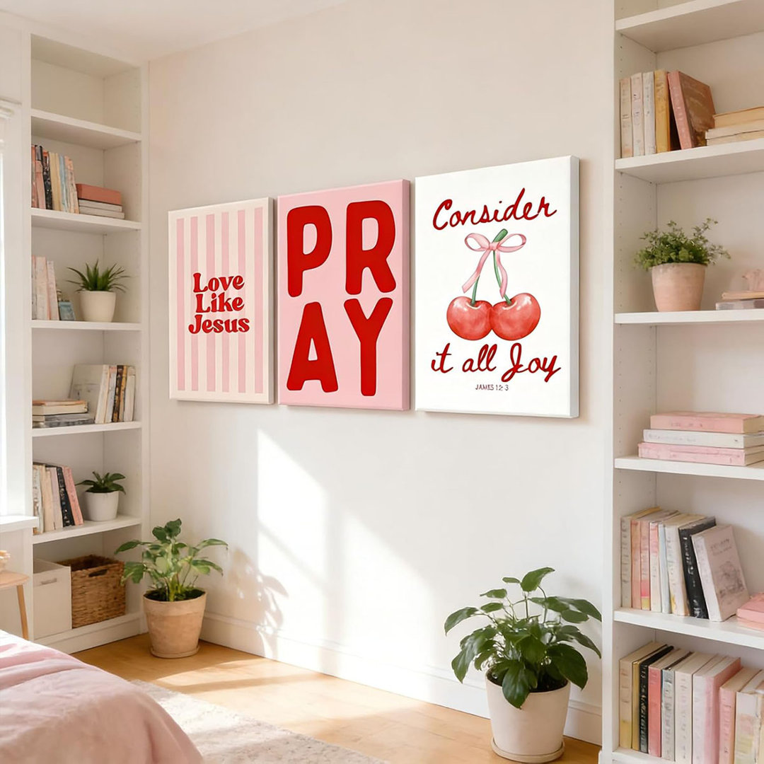 3Pcs Pink Christian Canvas Wall Art Trendy Christian Bible Verse Pictures Wall Decor Preppy Coquette Bow Scripture Aesthetic Posters Prints for Girly