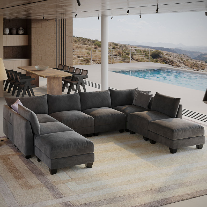 124 '' U-shaped Sectional Sofa, 8-seater Modular Couch, Comfy Living Room Cushion Cloud Couch With Ottoman, Gray Linen Blend