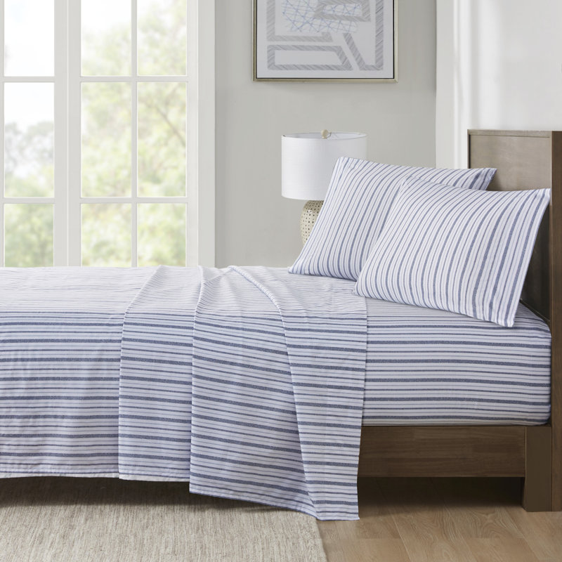 Ensemble de draps 100% coton 200 fils 200 fils, Ensemble de draps pour lit double avec 2 taies d'o, Bleu rayé