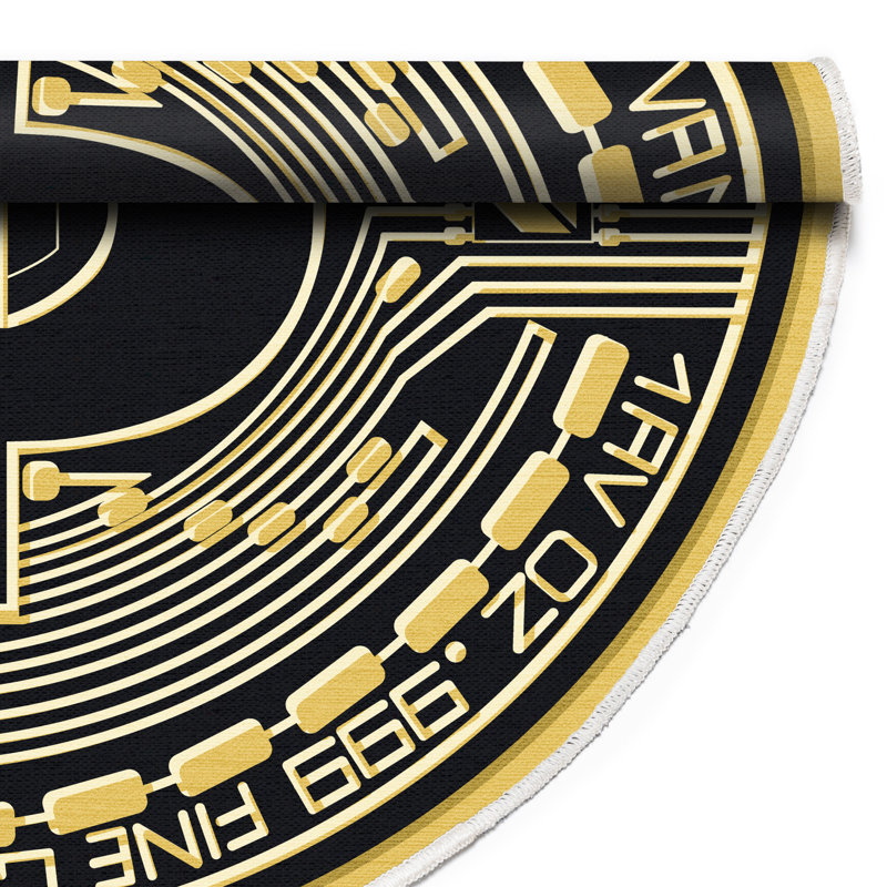  Tapis noir et argent imprimé à imprimé fantaisie Bitcoin, Rond 3 pi 3 po