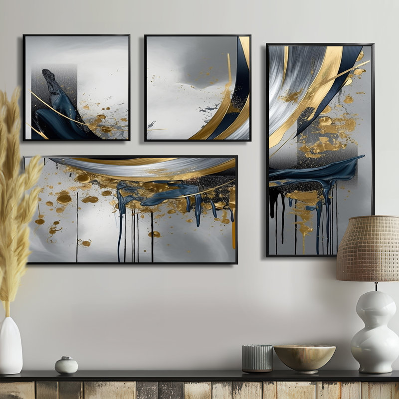 Shapes And Lines Abstract Marble V - Abstract Marble, reproduction d'art sur toile 4 pièces, Noir