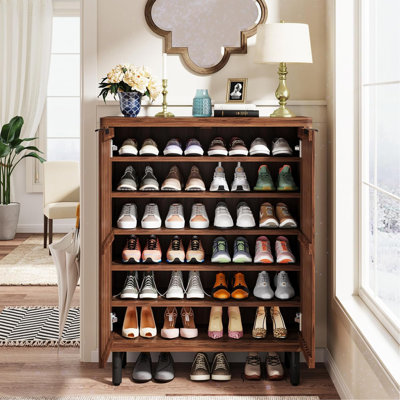 33.46" Modern Walnut Wooden 6-Tier Shoe Cabinet With Louvered Doors