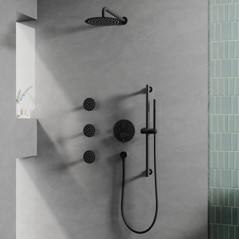 3-Function  Shower System With 10" Ultra-Thin Round Shower Head,Body Jets And Hand Shower (Valve Included), Matte Black