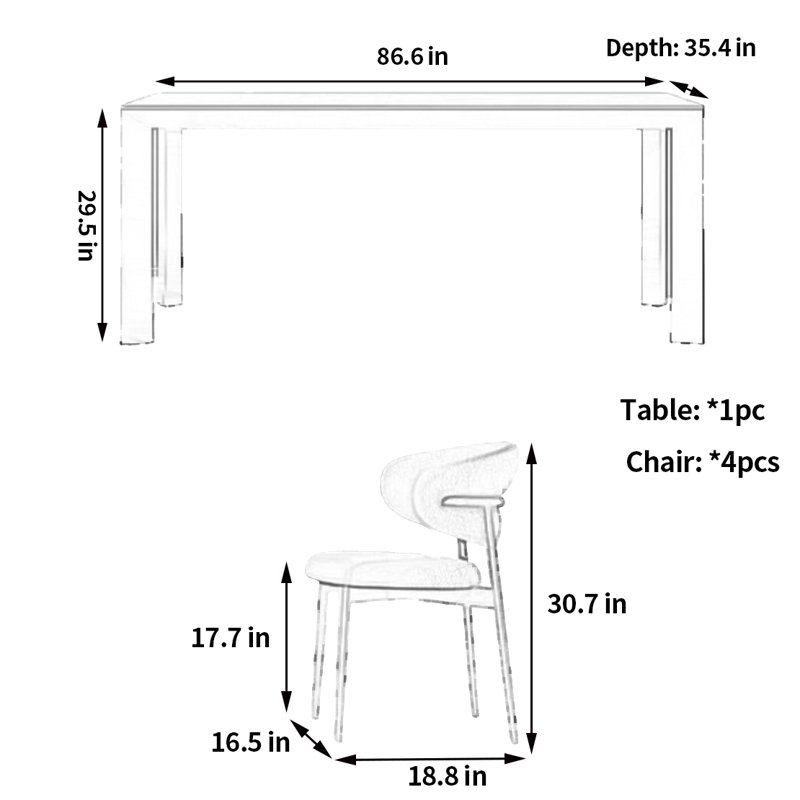Minimal practical dining table and chair, 29.5"H x 86.6"L x 35.4"W