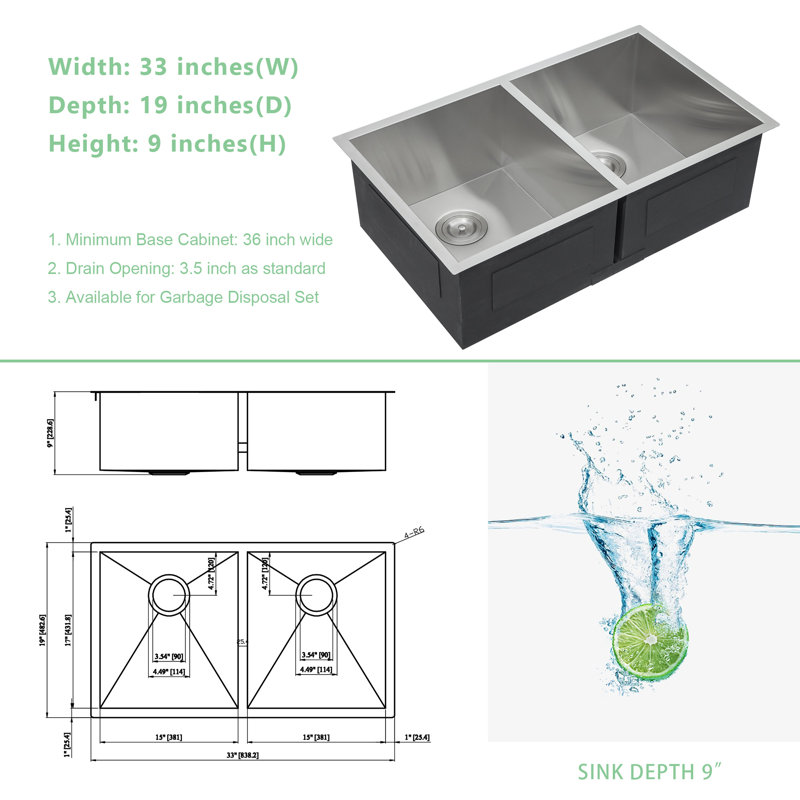 33'' L x 19"W Undermount Double Bowl Stainless Steel Kitchen Sink with Basket Strainers and Sink Grids, Stainless Steel