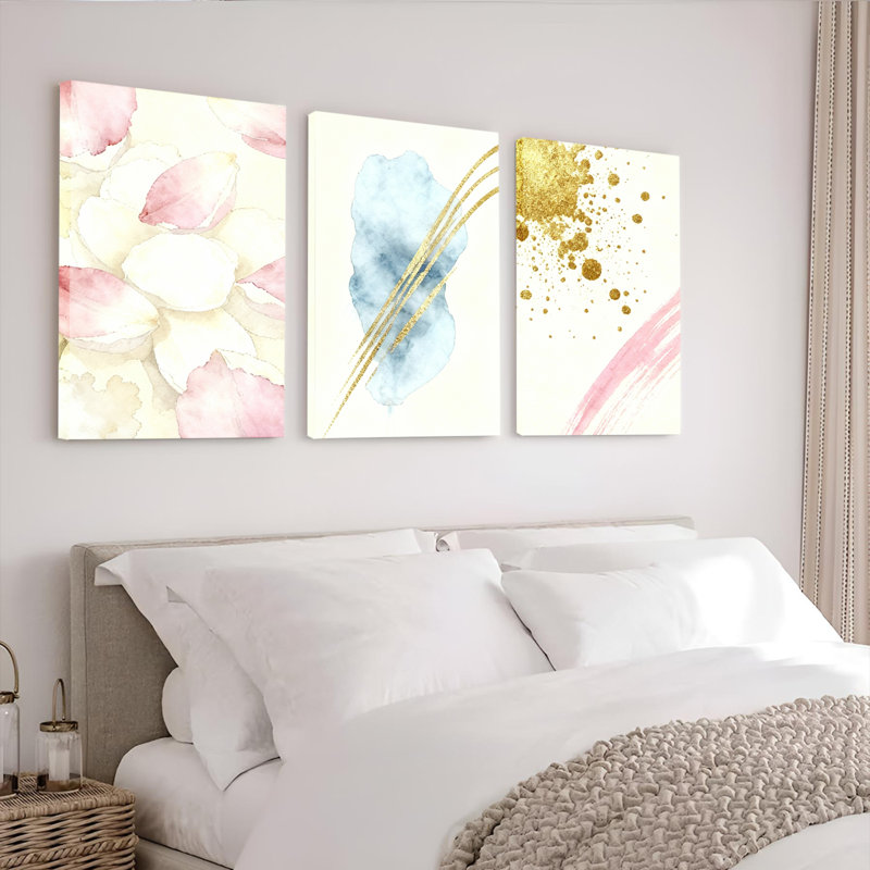 Floral aquarelle abstraite décorations dorées sur toile tendue, ensemble de 3 reproductions d'art, H 24 po x l 48 po