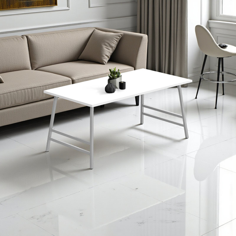 Angelea Rectangulr White Finish Coffee Table With Silver Metal Leg, 17.77" H X 39.75" W X 19.72" D