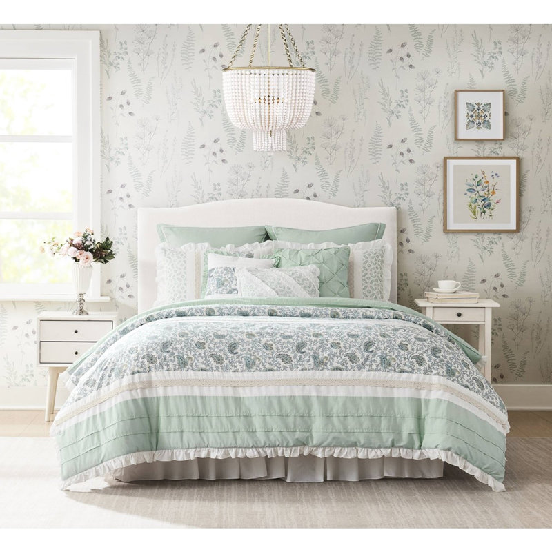 Grande chambre à coucher Dawn - Sophistiqué Shabby Chic avec édredon et coussins décoratifs élégants en coton, Aqua