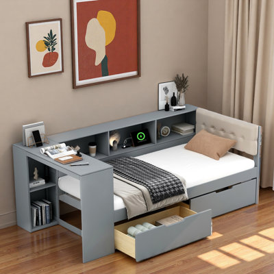Platform Bed With Storage Shelves, Drawers, Charging Station, Desk And Upholstered Headboard by Lark Manor
