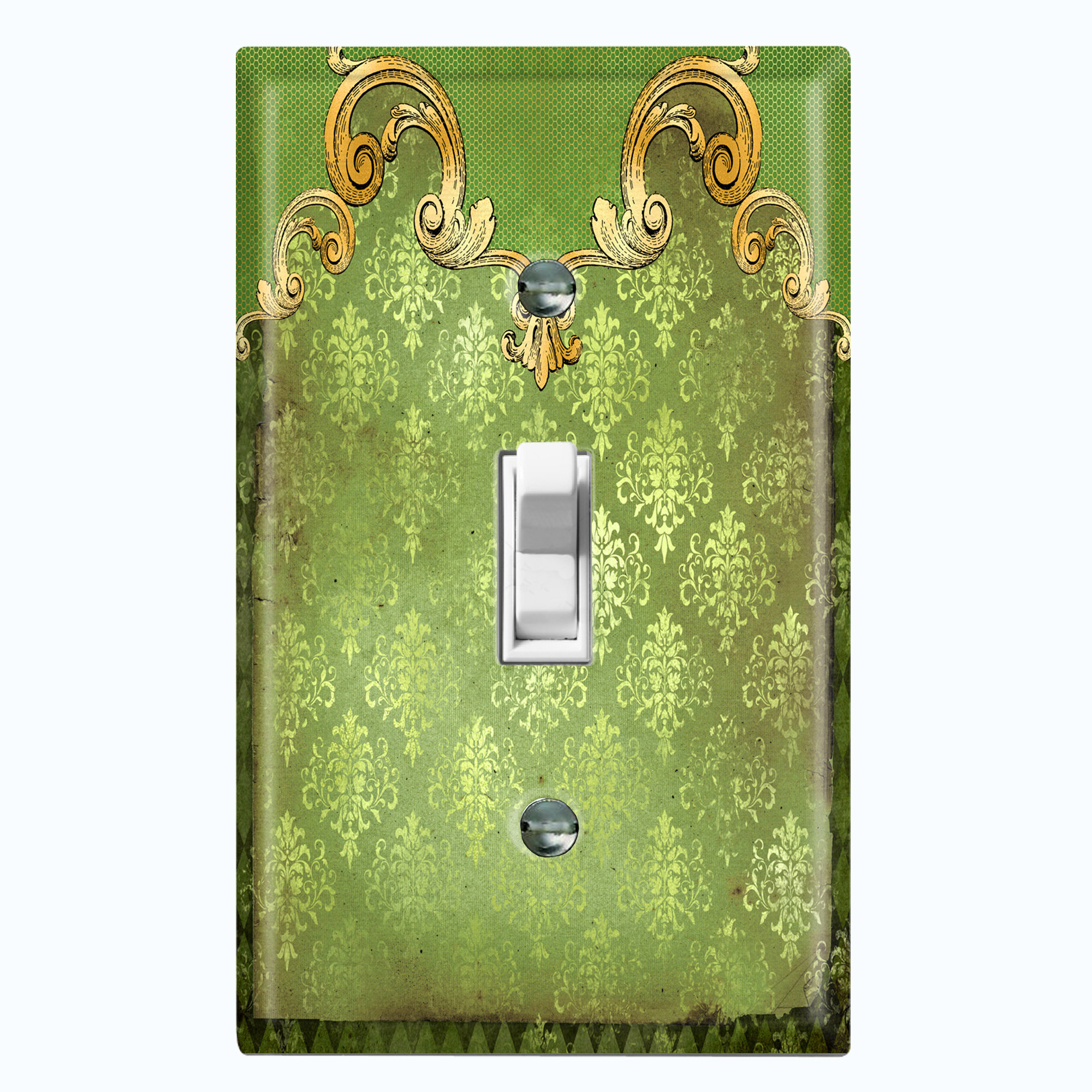WorldAcc Metal Light Switch Plate Outlet Cover (Green Gold Frame Damask ...