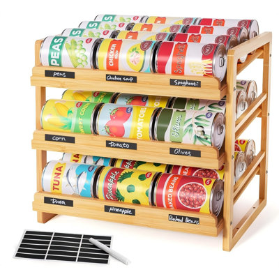 Bamboo Can Organizer For Pantry, 3 Tier Stackable Can Storage Organizer Pantry With Label Sticker And Marker Pen, Can Holders For Cabinet And Can Rack Organizer