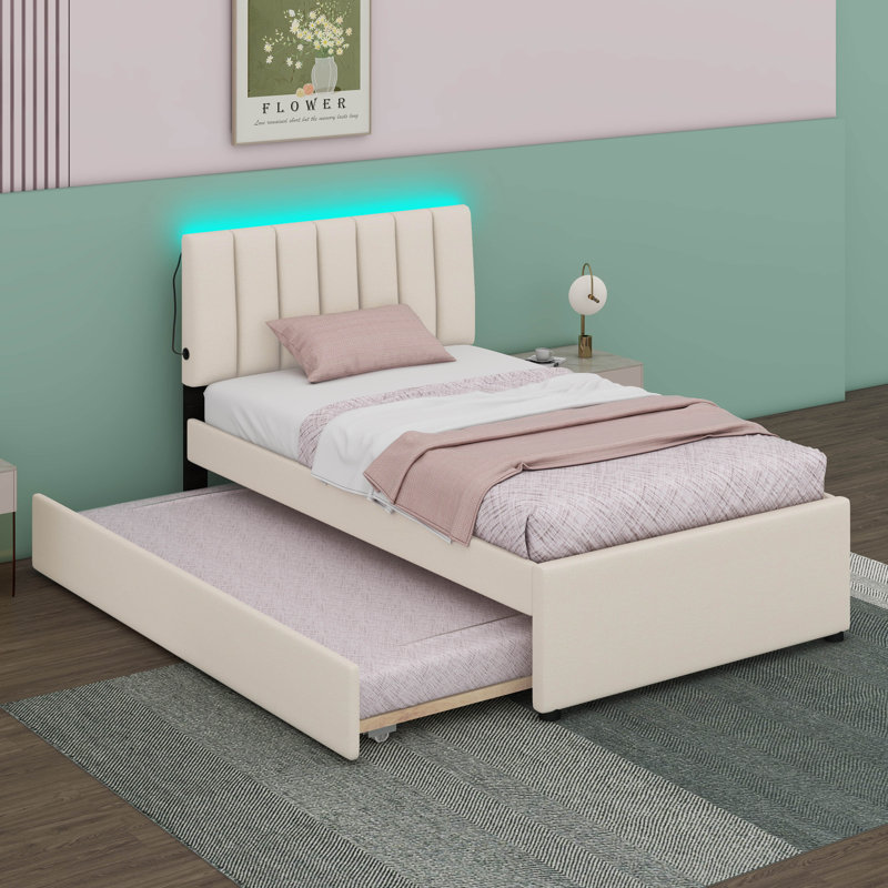 Lit plateforme tapissier avec lit gigogne, tête de lit lumineuse et port USB, Lit simple, Beige