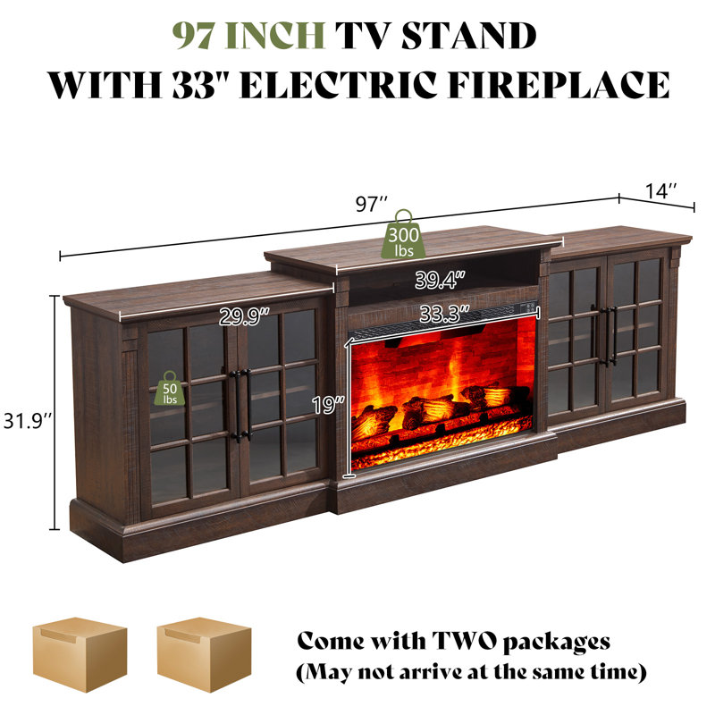 97" Large Farmhouse Tv Stand with 33" Fireplace, Rustic Brown, Rustic Brown