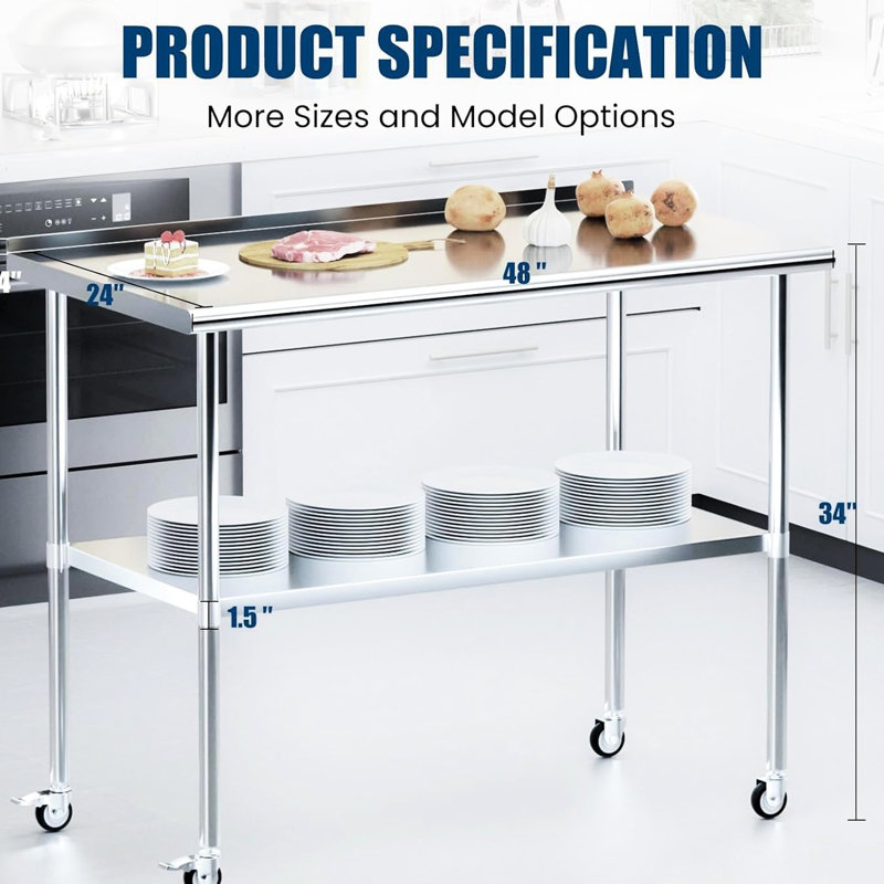 Table de travail robuste en acier inoxydable de 48 po x 24 po x 34 po avec roulettes pivotantes à 360 °, tablettes et dosseret réglables, idéale pour les cuisines commerciales, les patios, les garages et les bars 24 x 48