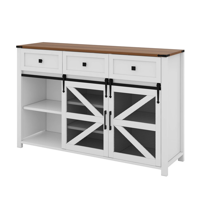 Sideboard Buffet Cabinet With Sliding Door, Adjustable Shelves And 3 Drawers, White
