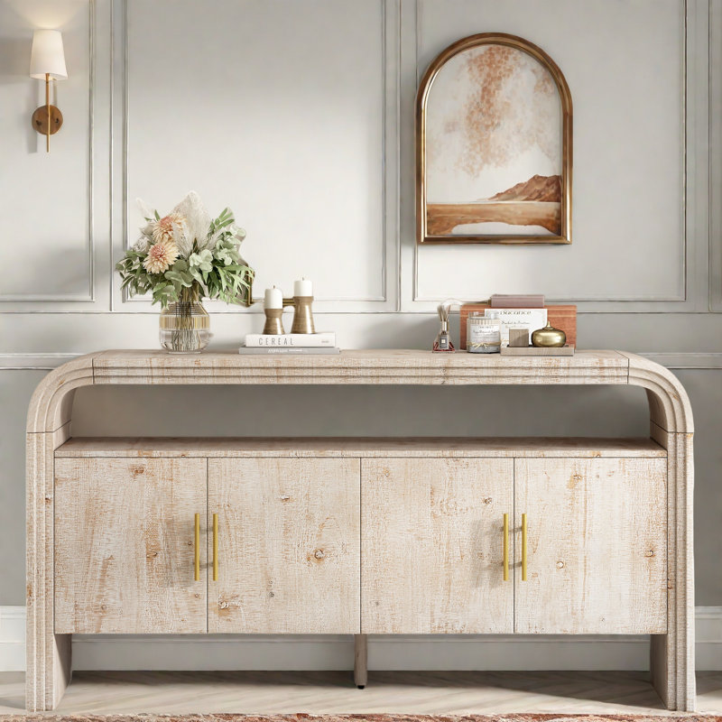 4-door Elegant Console Table With Natural Embossed Texture, Curved Edge And Metal Handles, Natural Wood