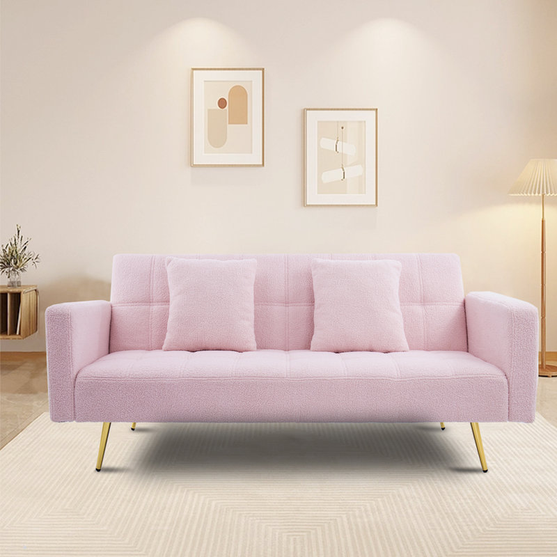 71.7''Modern Teddy 3 Seater Convertible Sofa Bed with 2 Throw Pillows, Pink Polyester Blend