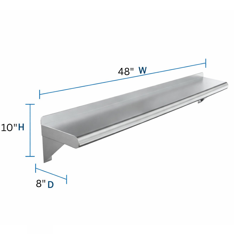 Express KitchQuip 10" H x 48" W x 8"D Stainless Steel Wall Mounted Shelf, 10" H x 48" W x 8" D