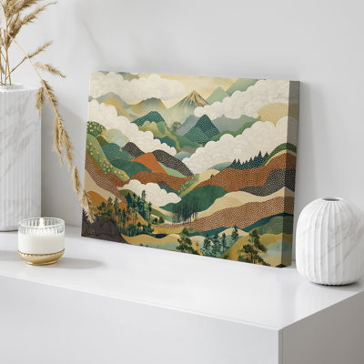 Colorful Japanese Mountain Landscape Canvas Print Wall Art - Boho Nature Decor for Living Room or Office