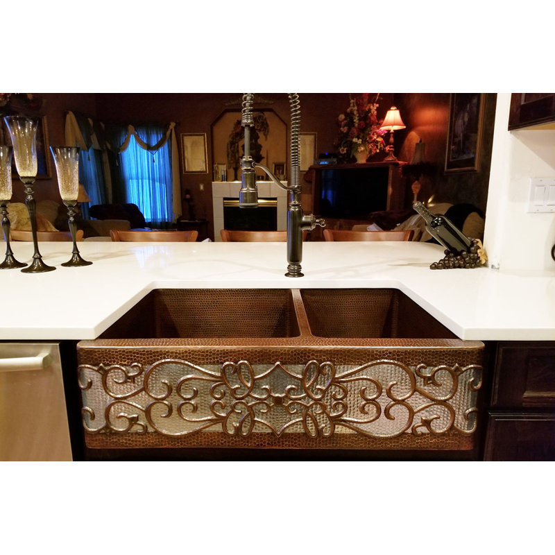 33" Hammered Copper Apron Front 60/40 Double Basin Kitchen Sink w/ Scroll Design and Nickel Background